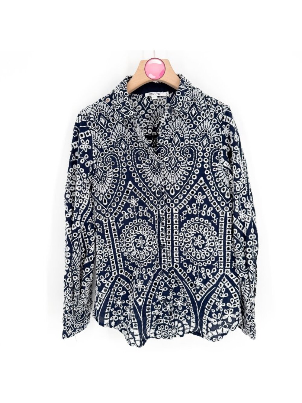 Chicos Tunic Top Womens Medium Navy Embroidered Eyelet Geometric Artsy Boho